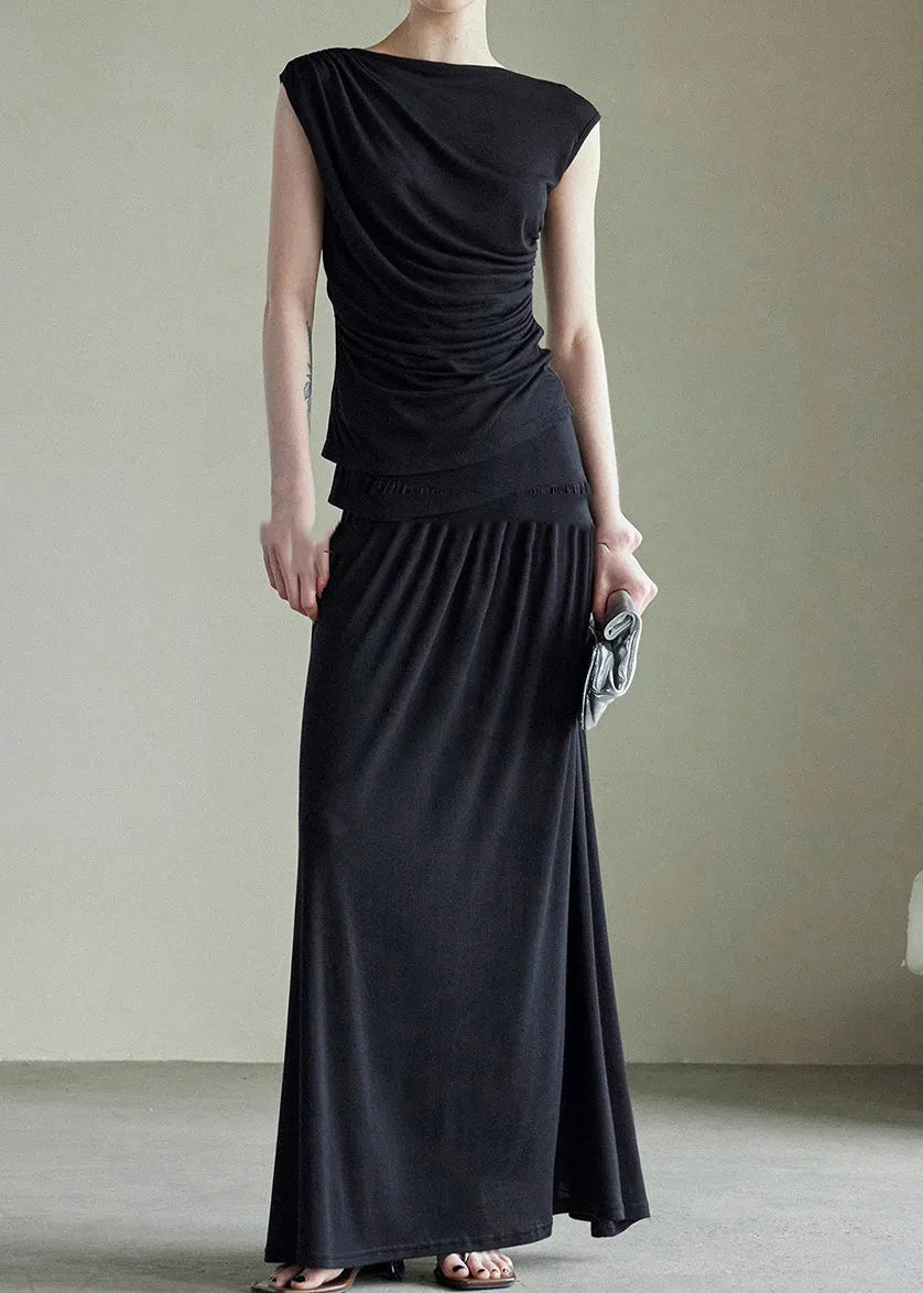 Handmade Grey Slash Neck Vest and Maxi Skirts Cotton Two Piece Set Sleeveless