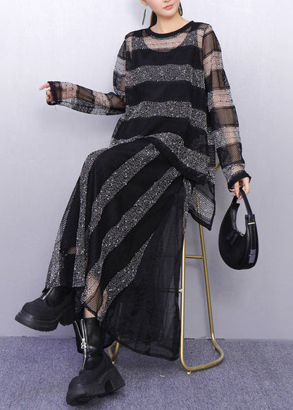 Heer Elegance Black and Silver Striped Knit Two Pieces Set