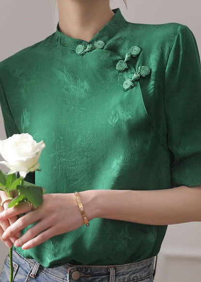 Green Mandarin Collar Jacquard Oriental Button Silk Shirt Tops Short Sleeve
