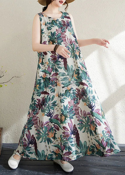 Print Exra Large Hem Cotton Loose Dress Sleeveless