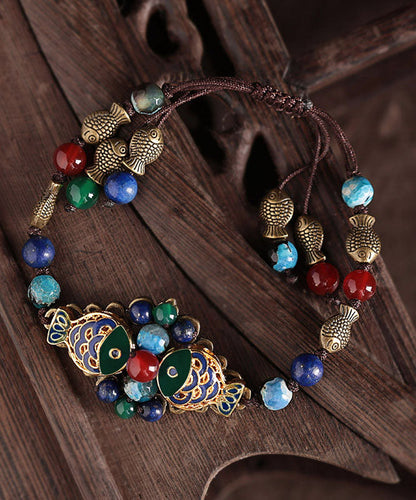 Colorblock Bronze Colored Goldfish Agate Coloured Glaze Gem Stone Cloisonne Charm Bracelet