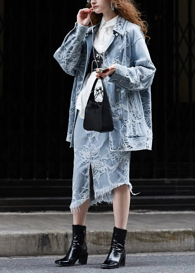 Original Design Blue Jacquard Denim Jacket and Skirts Two Pieces Set Fall