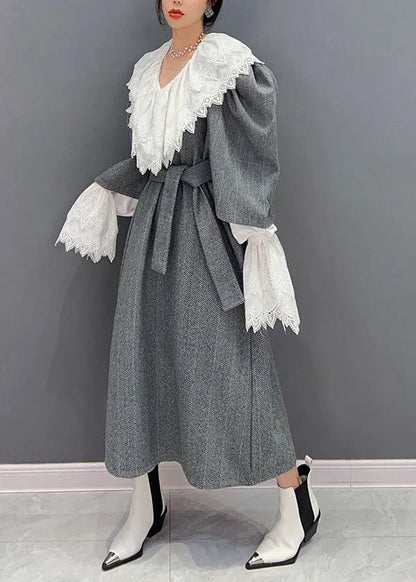 Grey Oversized Woolen Cinch Dress Two Pieces Set Spring