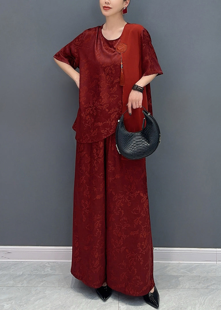 Jacquard Red Asymmetrical Patchwork Tassel Silk Top and Wide Leg Pants Two Pieces Set Short Sleeve