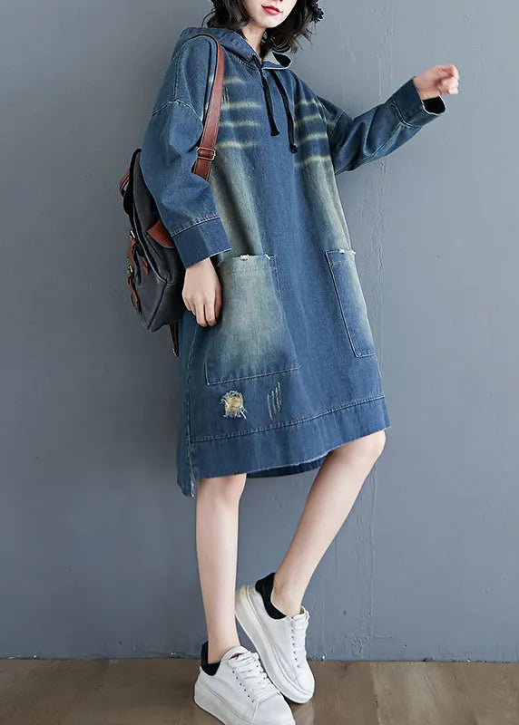 Blue Drawstring Hooded Pocket Denim Dress Long Sleeve