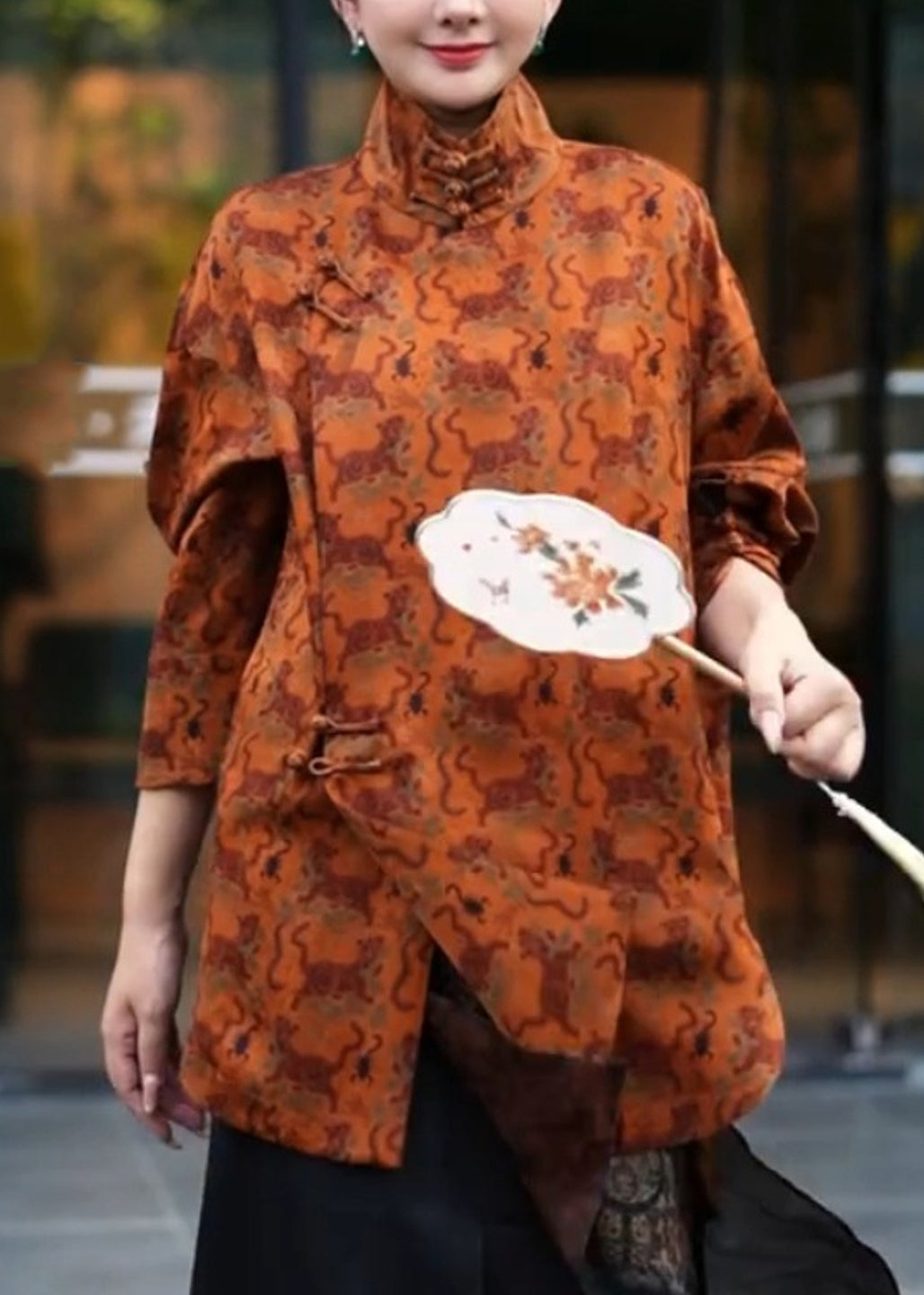 Orange Stand Collar Print Side Open Shirt Three Quarter Sleeve