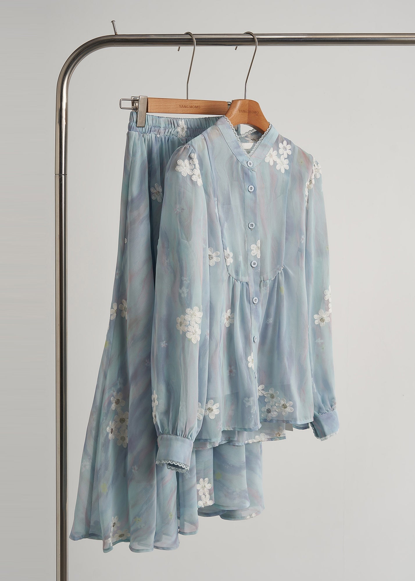 Modern Sky Blue Embroidered Chiffon Two Piece Suit Set Fall