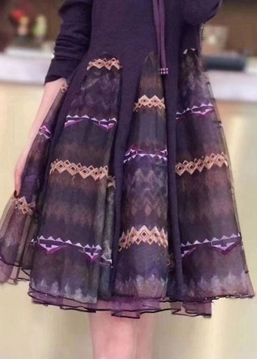 Classy Orange Knit Patchwork Tulle Embroideried Fall Long Sleeve Dress