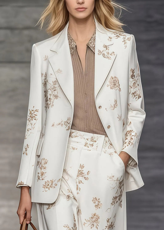 White Print Draping Spandex Coat and Straight Pants Two Piece Set Oversized Spring