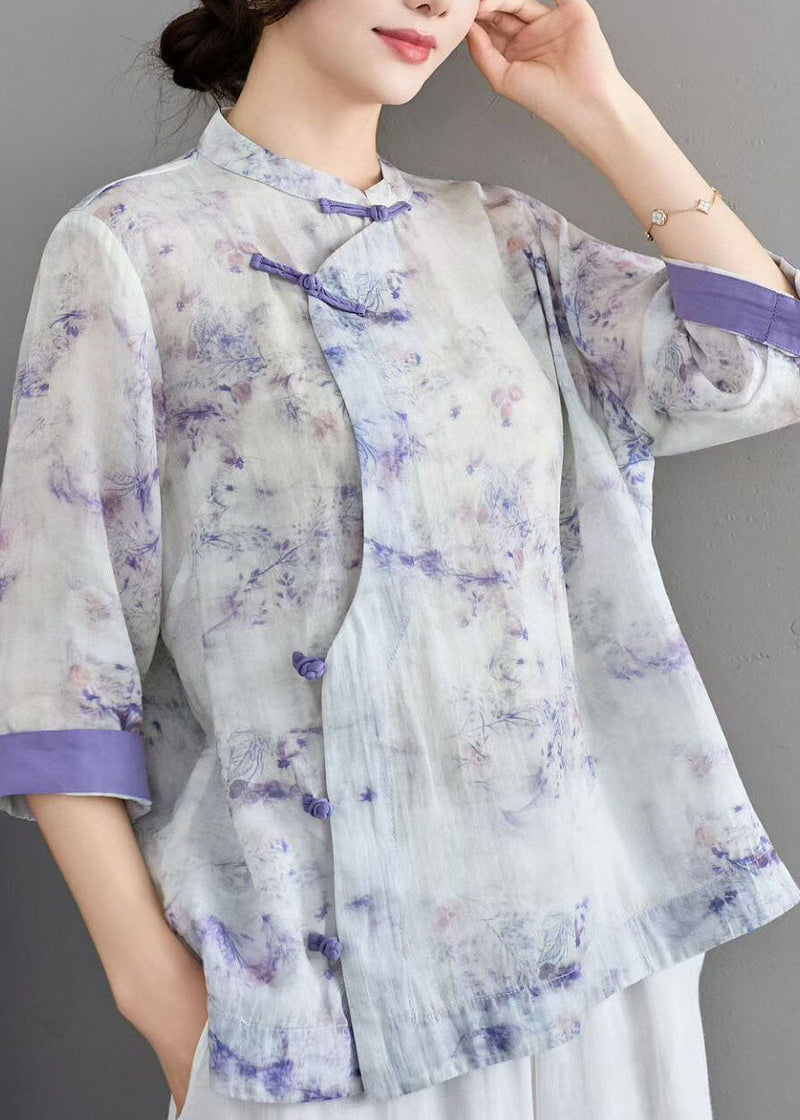Blue Stand Collar Print Chinese Button Linen Shirt Summer