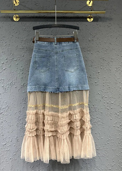Colorblock Tulle Ruffled Pockets Patchwork Denim Skirt Fall