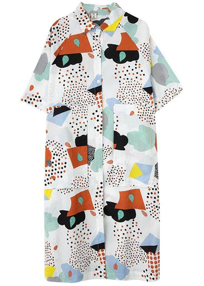 French Blue Print Cotton Long Shirts Summer Dress