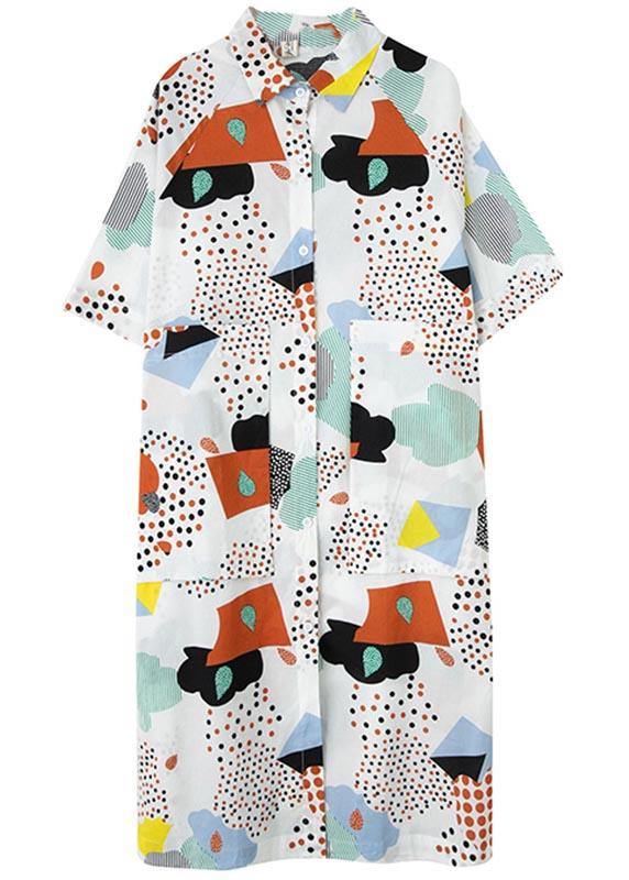 French Blue Print Cotton Long Shirts Summer Dress