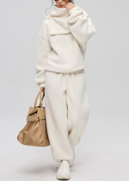 Loose White O-neck Button Teddy Faux Fur Three Pieces Set Winter