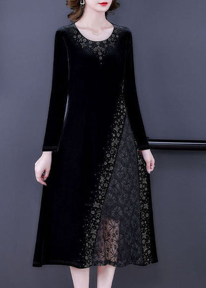 Style Black O-neck Lace Patchwork Hollow Out Silk Velour Dress Spring