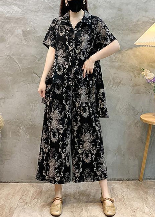 Black Low High Design Cotton Two-piece Set Peter Pan Collar Short Sleeve