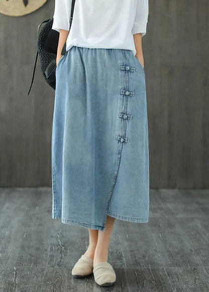 Light Blue Asymmetrical Design Button a Line Pockets Fall Skirts