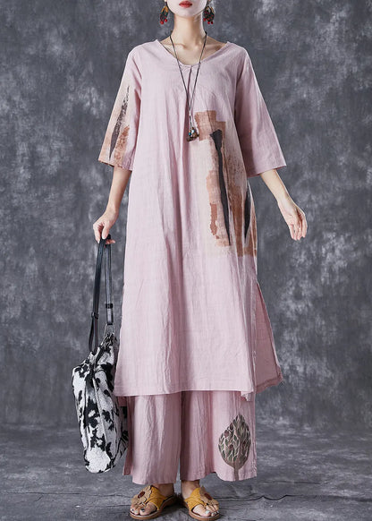 Italian Pink Oversized Print Linen Dress and Pants Sets 2 Pieces Summer