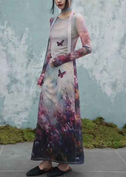 Art O-neck Butterfly Print Tulle Two Pieces Set Fall