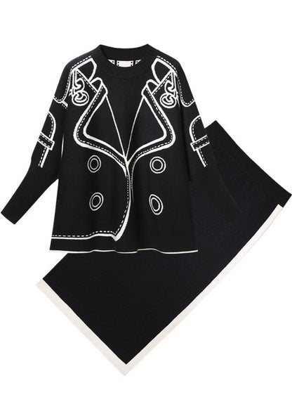 Black Tasseled Patchwork Knit Two Pieces Set Winter