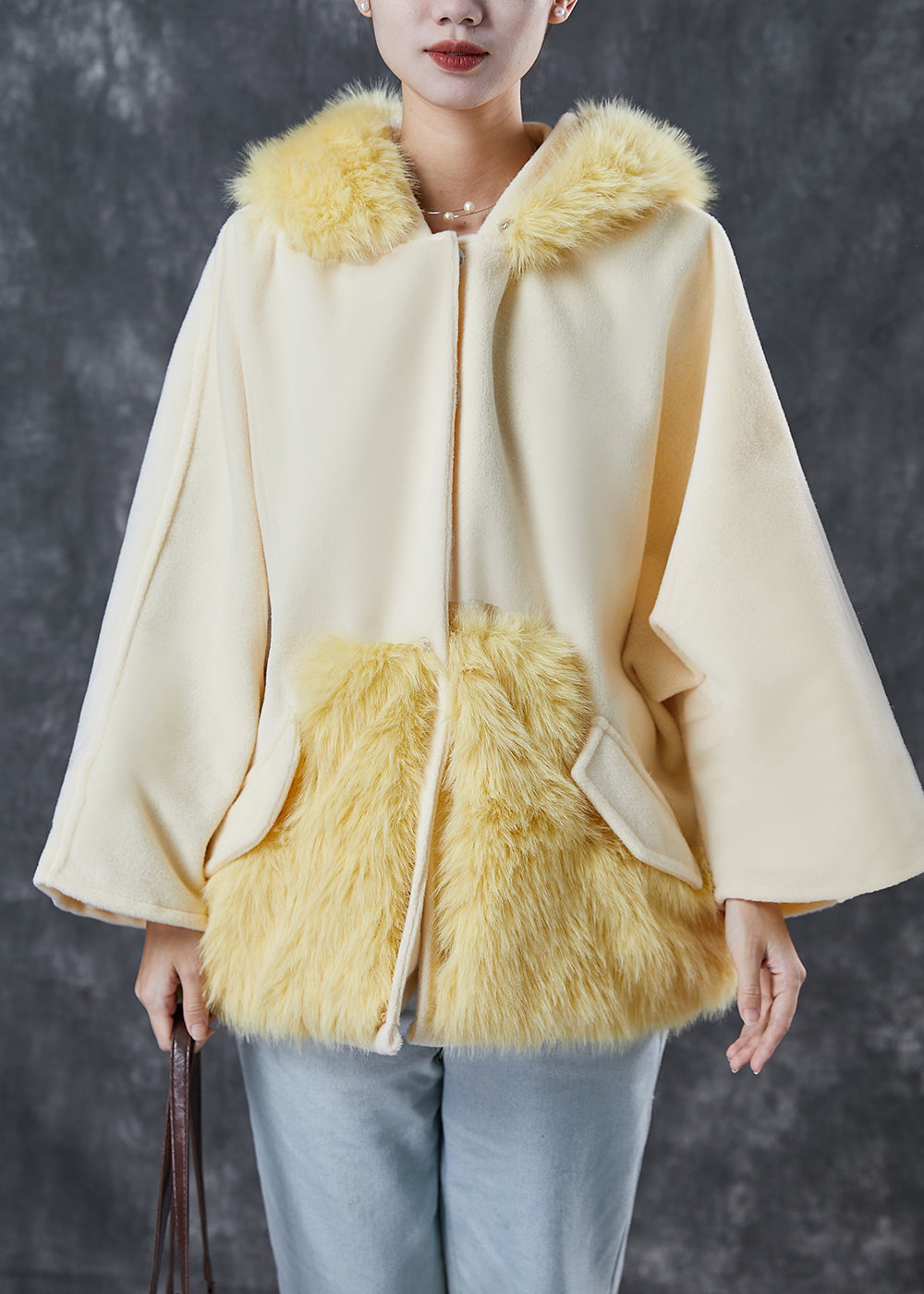 Yellow Patchwork Woolen Coats Hooded Pockets Spring