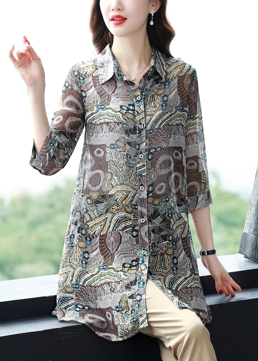 Button Peter Pan Collar Print Chiffon Blouse Tops Three Quarter Sleeve