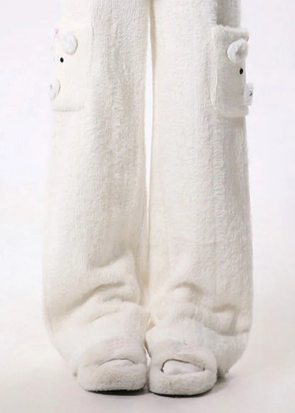 Modern White Pockets Fuzzy Fur Fluffy Straight Pants Spring