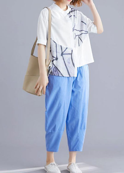Stylish Blue Summer Print Asymmetrical Design Top