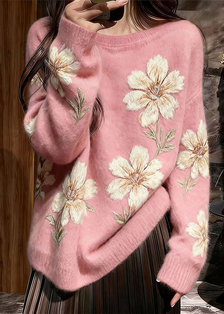 Art Pink O Neck Thick Knit Sweaters Winter