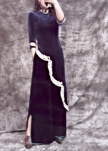 Blue Stand Collar Embroideried Asymmetrical Top and Wide Leg Pants Silk Velour Two Piece Set Spring