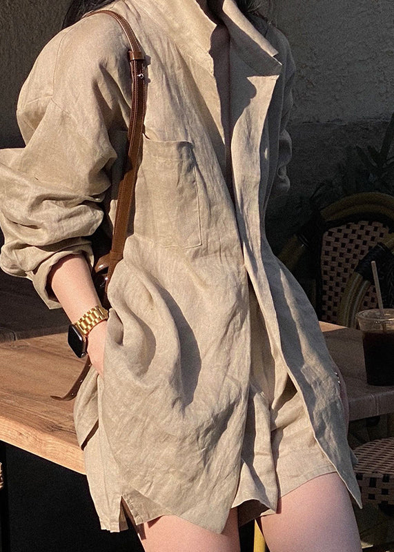 Loose Khaki Pockets Shirt and Shorts Cotton Two Pieces Set Summer