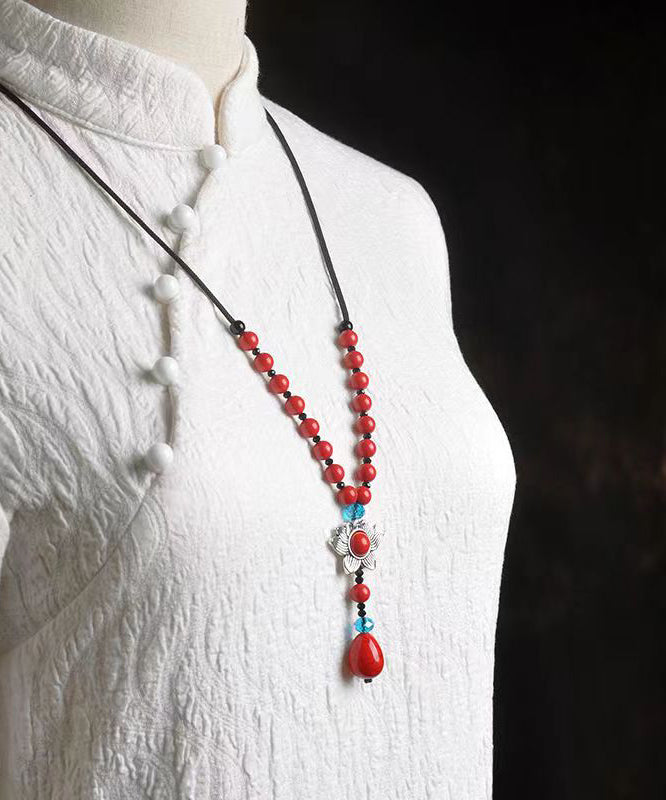 Crystal Patchwork Red Cinnabar Pendant Necklace