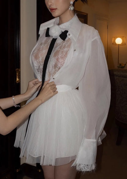 White Embroidered Lace Shirts and Skirts Tulle Two Pieces Set