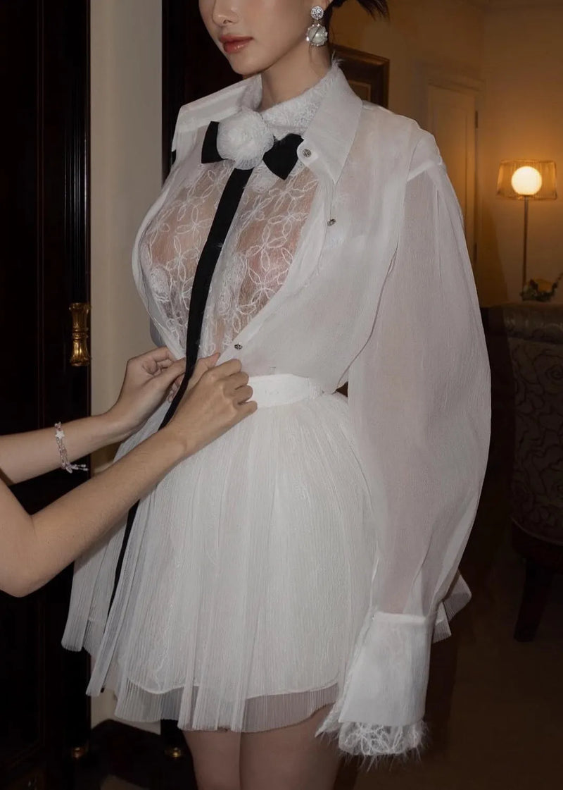 White Embroidered Lace Shirts and Skirts Tulle Two Pieces Set