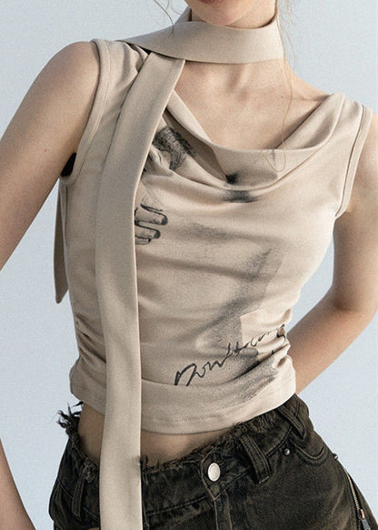 Khaki Print Beach Vest and Scarf Two Pieces Set Summer