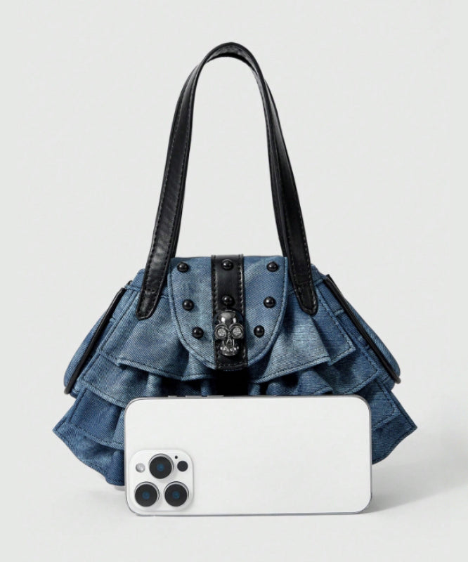 Blue Ruffles Patchwork Denim Nail Bead Shoulder Bags