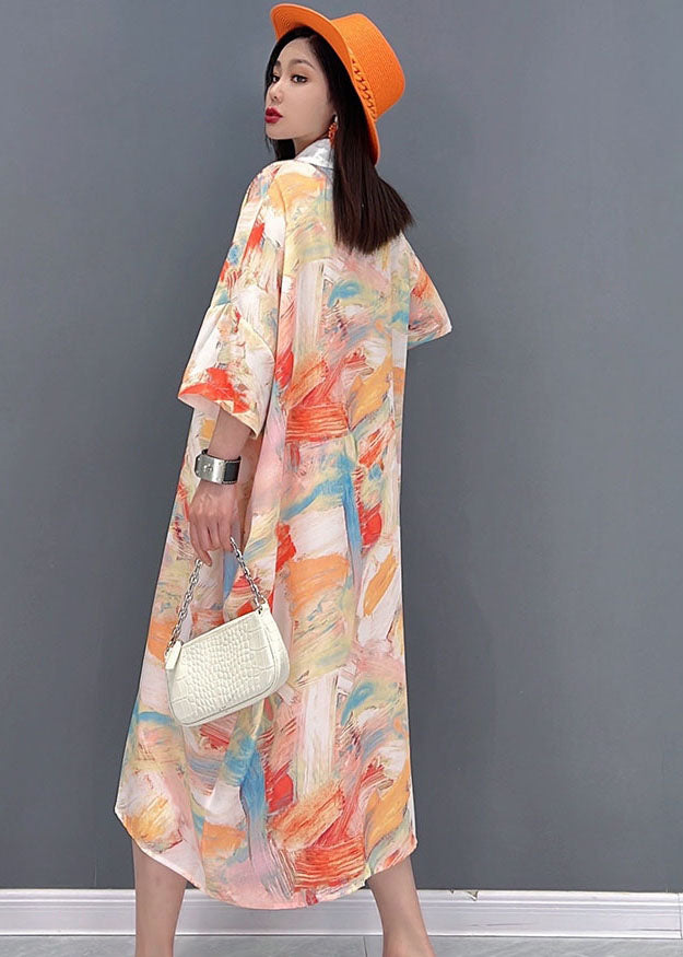 Light Khaki Peter Pan Collar Tie Dye Print Chiffon Shirt Dresses Half Sleeve