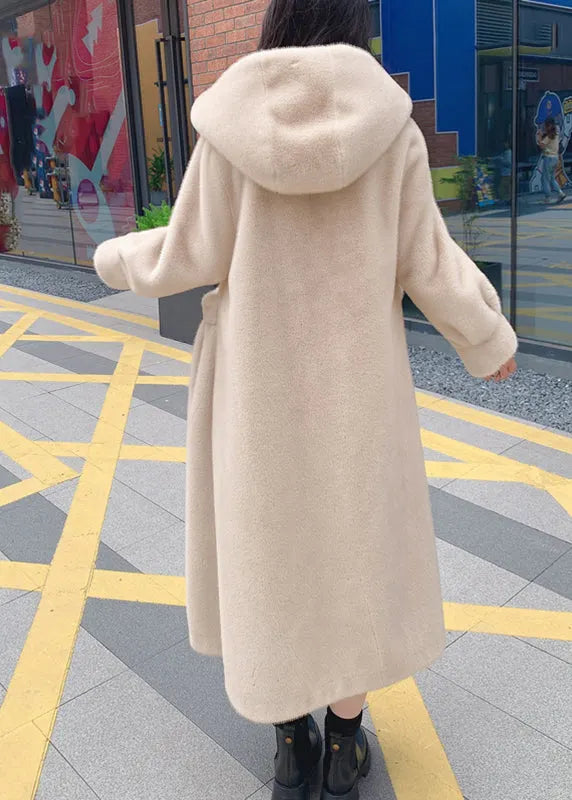Beige Button Leather and Fur Hooded Maxi Coat Long Sleeve