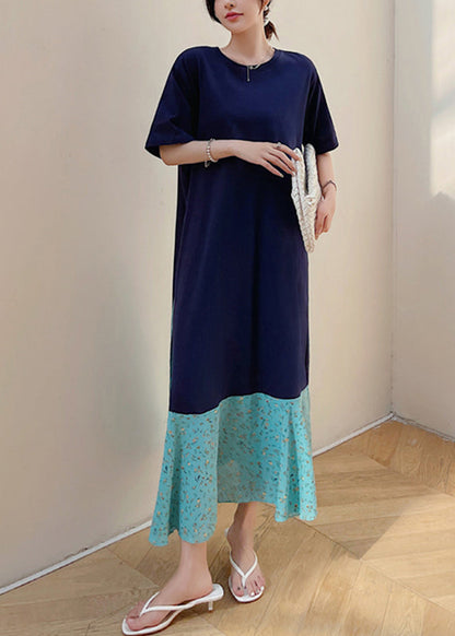 Navy Print Patchwork Fake Two Pieces Maxi Dresses Short Sleeve