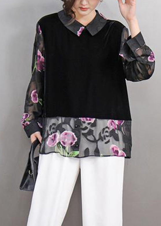 Black Peter Pan Collar Print Fake Two Pieces Silk Velour Shirt Spring