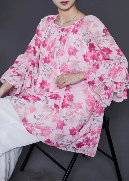 Pink Oversized Print Chiffon Shirt Top Flare Sleeve