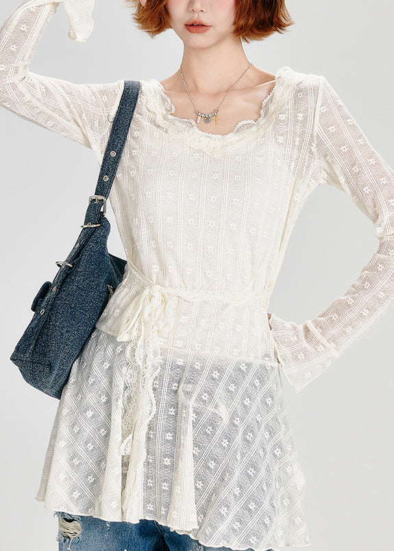 White O Neck Lace Up Lace Top Spring