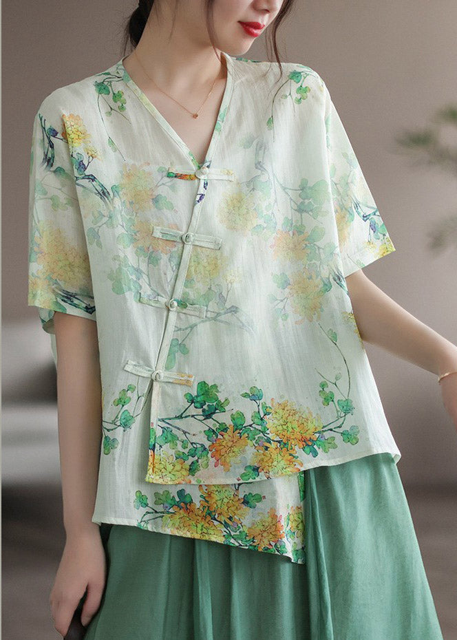 Green V Neck Asymmetrical Print Button Linen Shirts Short Sleeve