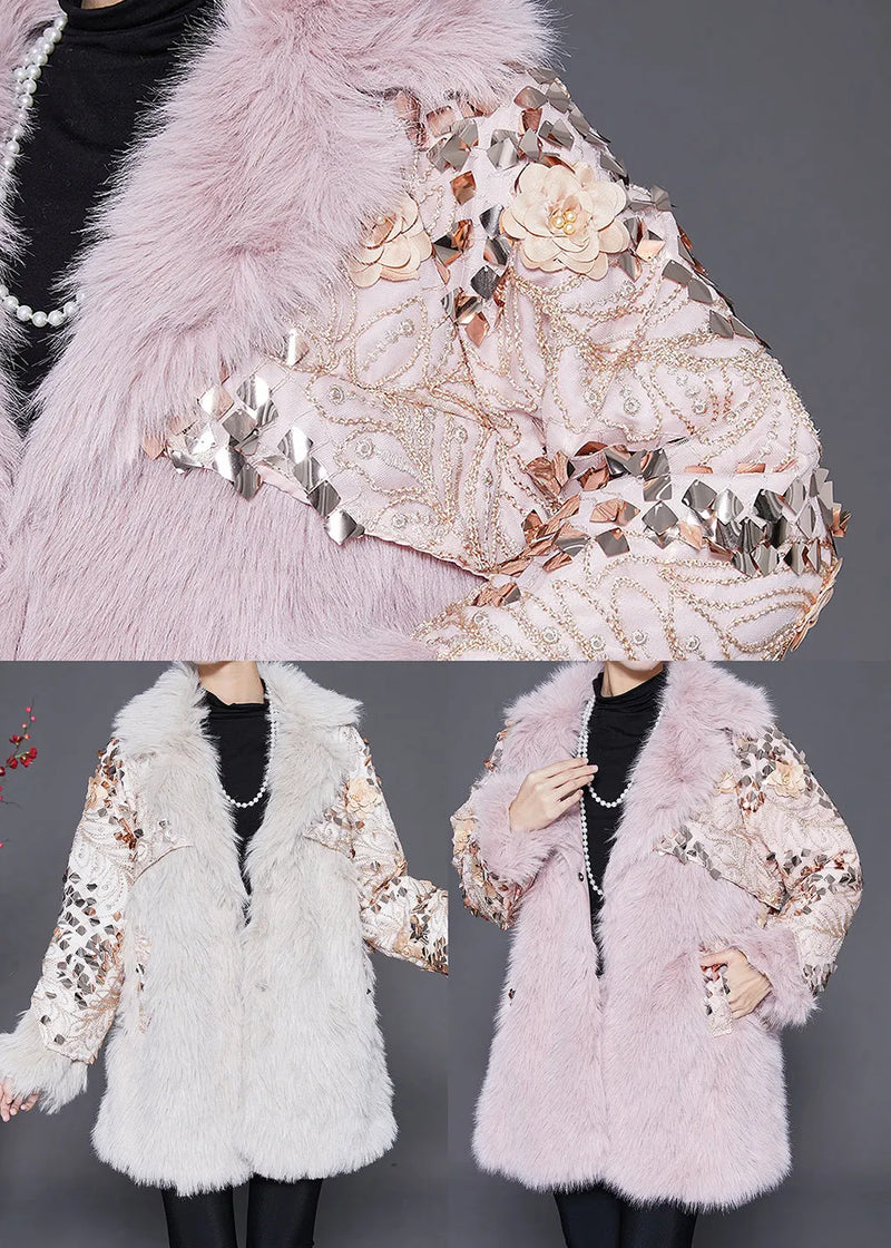 Italian Beige Patchwork Faux Fur Coat Winter