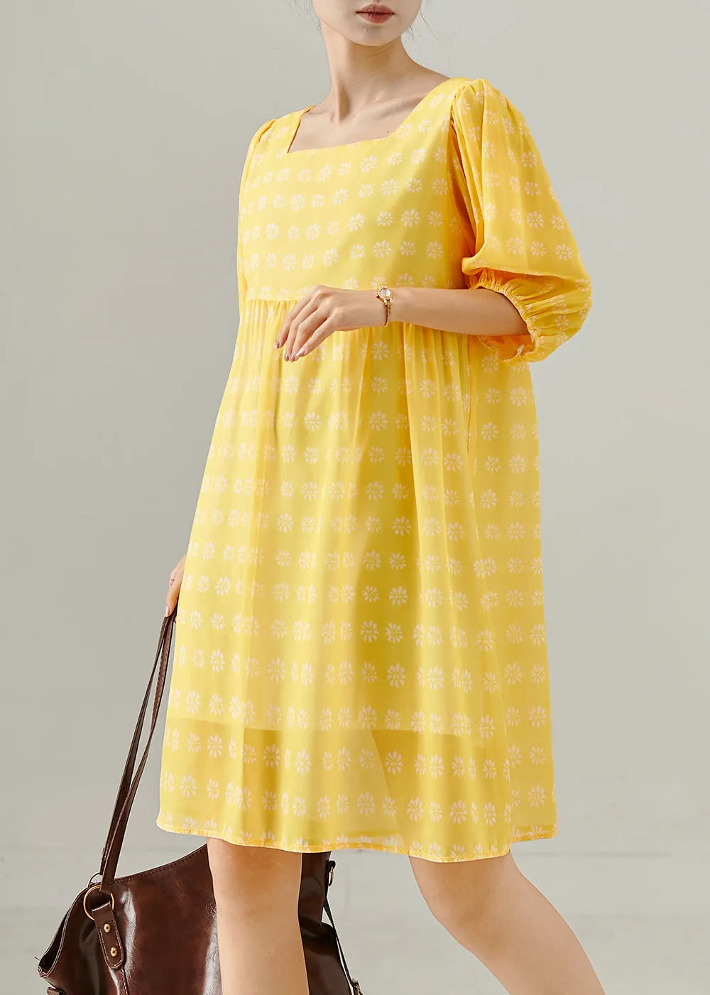 Yellow Square Collar Print Cotton Tea Dress Summer