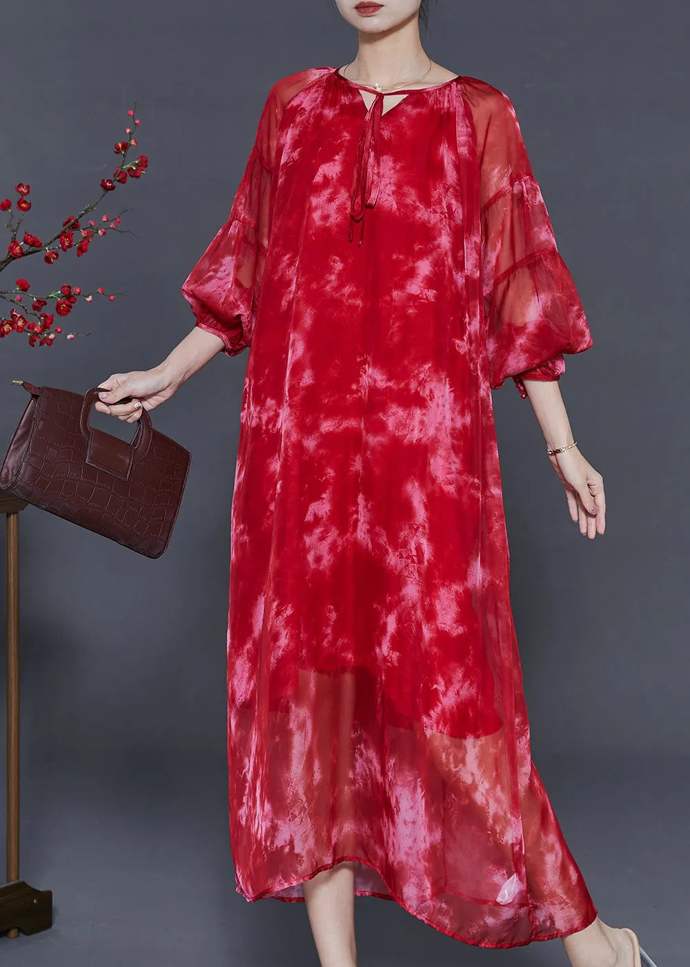 Organic Red Oversized Tie Dye Chiffon Robe Dresses Fall