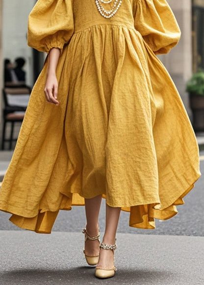 Yellow Exra Large Hem Cotton Maxi Dresses Lantern Sleeve Summer