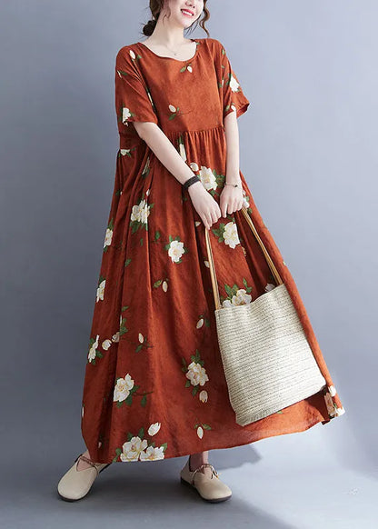 Organic Red Patchwork Wrinkled Maxi Dress Short Sleeve