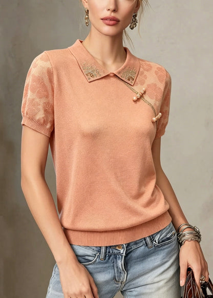 Jacquard Peter Pan Collar Zircon Thin Knit Tops Summer
