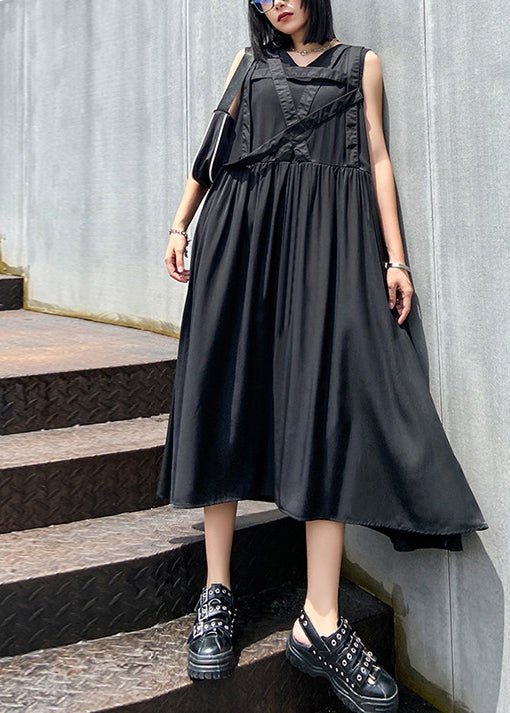 French Black V Neck Wrinkled Dress Sleeveless